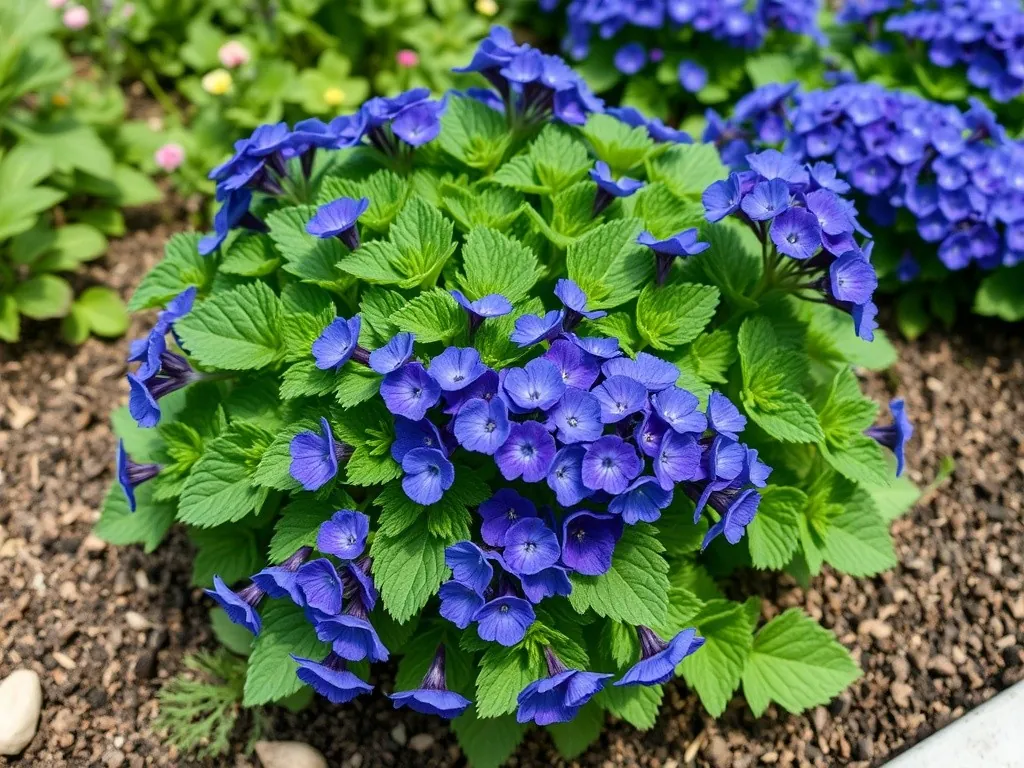 Zwarta kępa ageratum meksykańskiego z niebieskimi puszystymi kwiatostanami