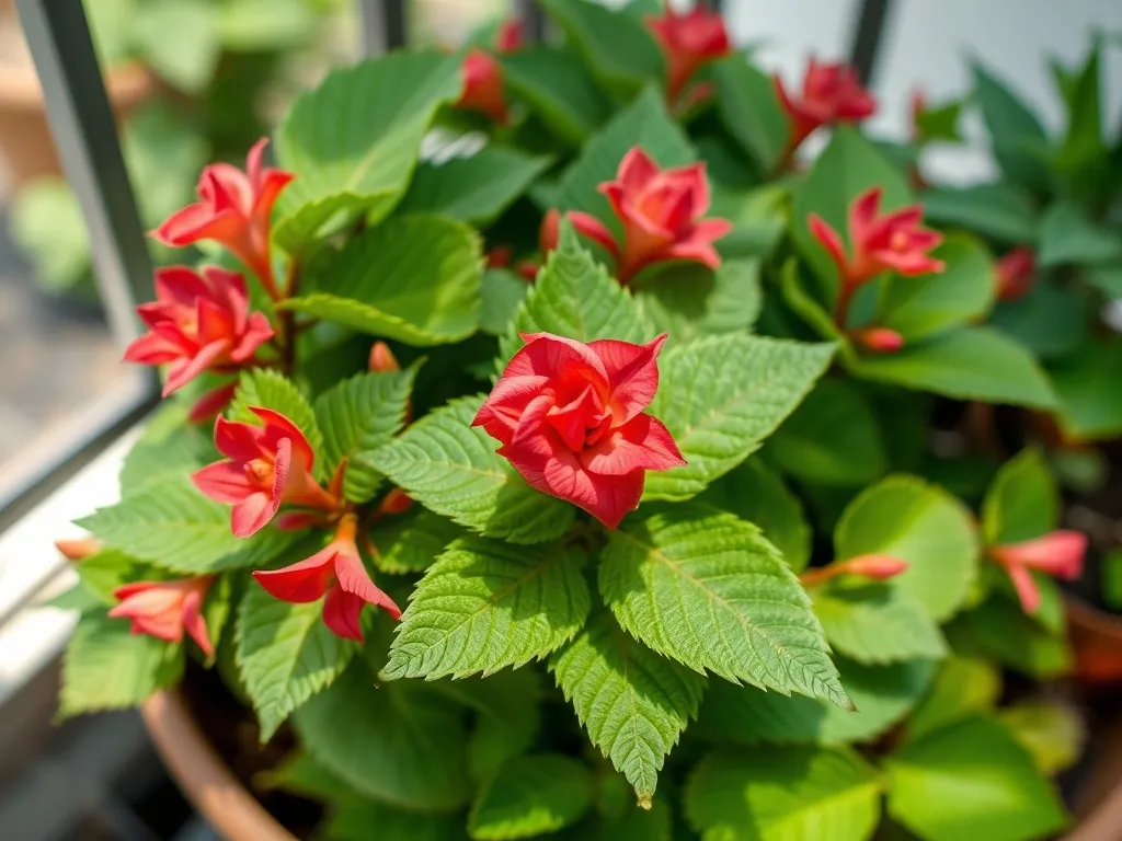 Begonia bulwiasta z dużymi, pełnymi czerwonymi kwiatami w cienistej donicy