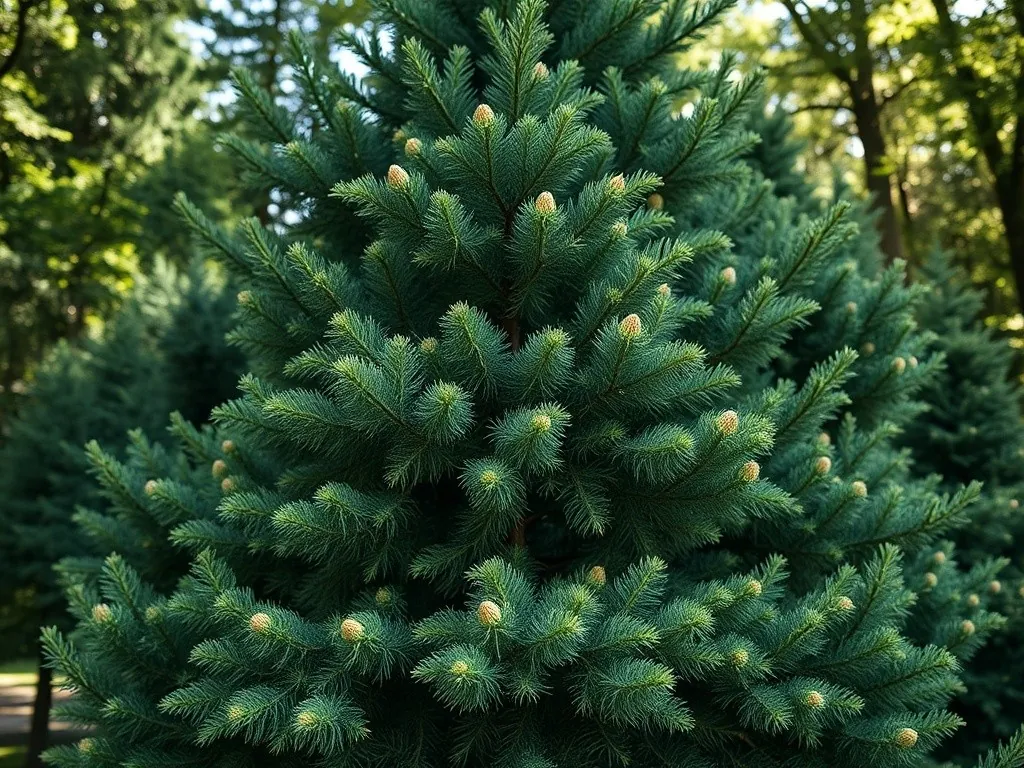 Choina kanadyjska o stożkowatej koronie i lekko zwisającym wierzchołku