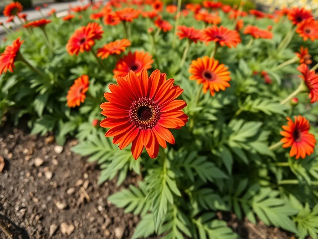 Kwitnąca gerbera ogrodowa w doniczce z dużym pomarańczowym kwiatostanem